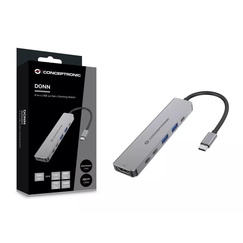 6-in-1 USB 3.2 Gen 1 dokovacia stanica CONCEPTRONIC DONN33G HDMI, 2×USB-A 5Gbps, 2×USB-C 5Gbps, 100W USB PD, strieborná