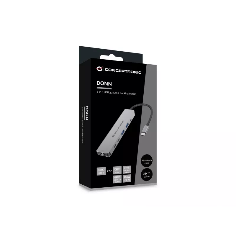 6-in-1 USB 3.2 Gen 1 dokovacia stanica CONCEPTRONIC DONN33G HDMI, 2×USB-A 5Gbps, 2×USB-C 5Gbps, 100W USB PD, strieborná
