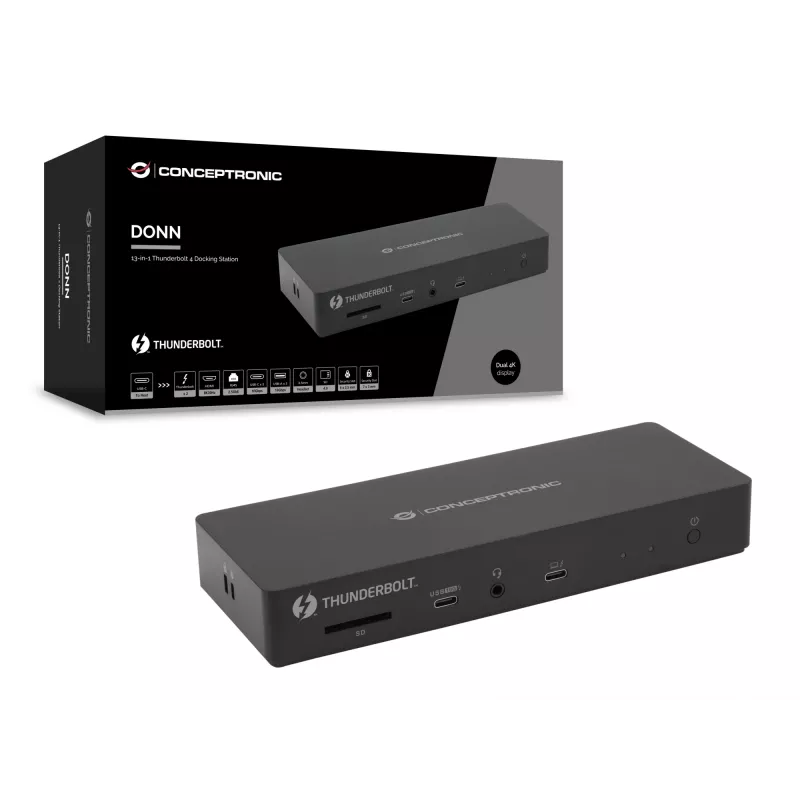 Conceptronic DONN30B dokovacia stanica Thunderbolt 4 13 v 1, 40 Gbit/s, 96 W, HDMI, 2x USB-A, USB-C, LAN 2,5GbE, čítačka kariet SD, čierna