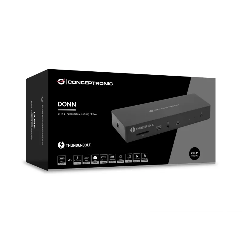 Conceptronic DONN30B dokovacia stanica Thunderbolt 4 13 v 1, 40 Gbit/s, 96 W, HDMI, 2x USB-A, USB-C, LAN 2,5GbE, čítačka kariet SD, čierna