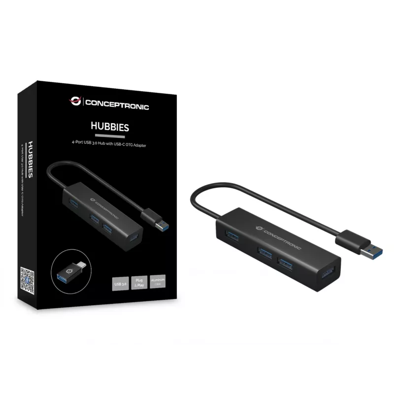 Conceptronic 4-portový USB 3.0 hliníkový hub s adaptérom USB-C na USB-A