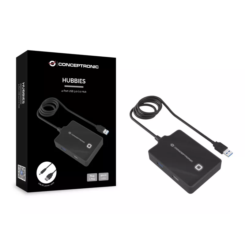 Conceptronic HUBBIES 4-portový USB 3.0/2.0 hub, 90 cm kábel, USB 3.2 Gen 1 (3.1 Gen 1) Type-A, čierny, USB 2.0, USB 3.2 Gen 1 (3.1 Gen 1) Type-A, Čína, 87 mm, 55 mm