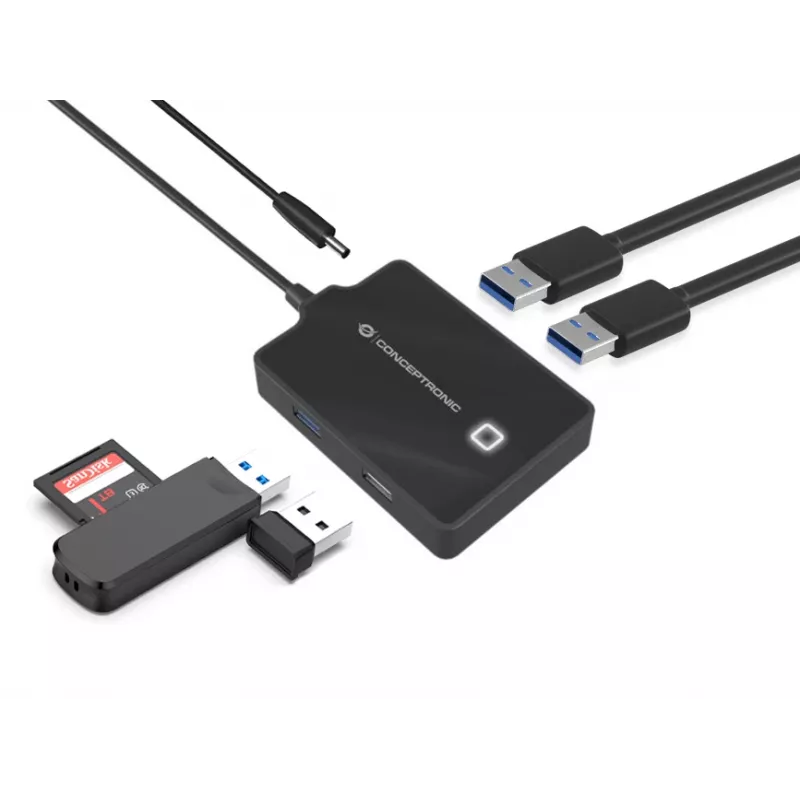 Conceptronic HUBBIES 4-portový USB 3.0/2.0 hub, 90 cm kábel, USB 3.2 Gen 1 (3.1 Gen 1) Type-A, čierny, USB 2.0, USB 3.2 Gen 1 (3.1 Gen 1) Type-A, Čína, 87 mm, 55 mm