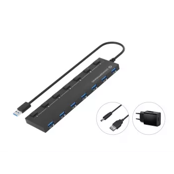 Conceptronic HUBBIES19BP 7-portový USB 3.0 hub s napájacím zdrojom, 90 cm kábel, jednotlivé vypínače, USB 3.2 Gen 1