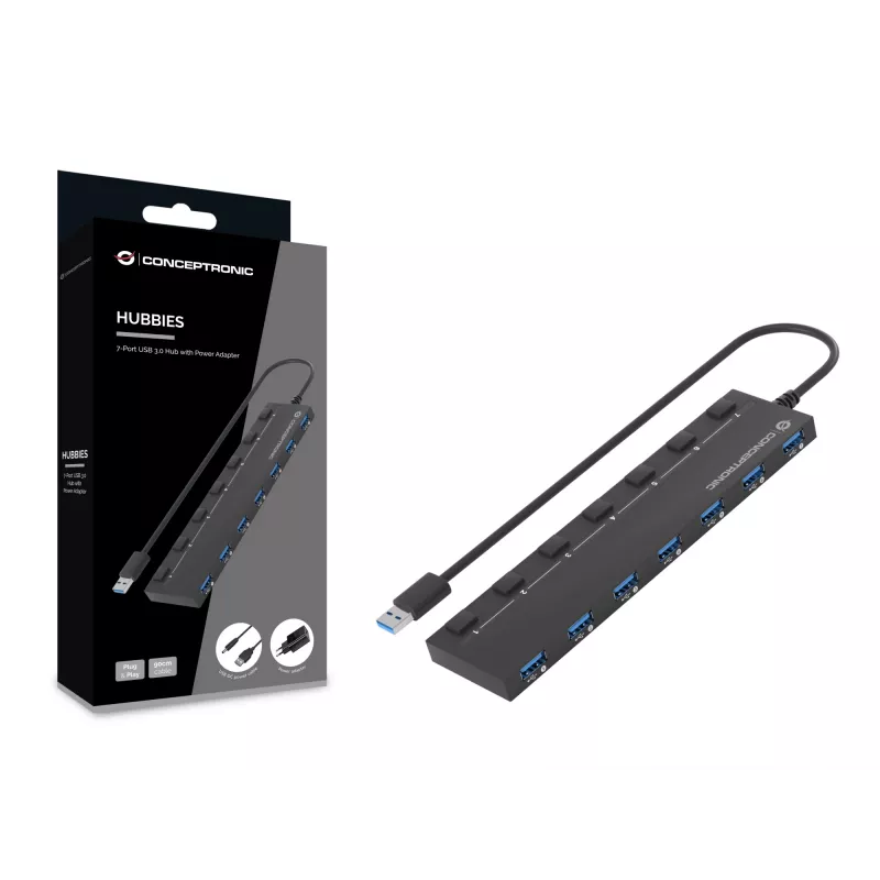Conceptronic HUBBIES19BP 7-portový USB 3.0 hub s napájacím zdrojom, 90 cm kábel, jednotlivé vypínače, USB 3.2 Gen 1