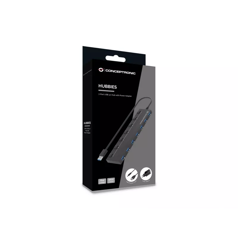 Conceptronic HUBBIES19BP 7-portový USB 3.0 hub s napájacím zdrojom, 90 cm kábel, jednotlivé vypínače, USB 3.2 Gen 1