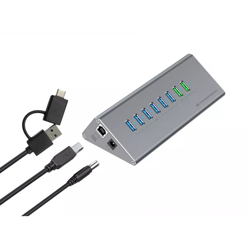 Conceptronic HUBBIES18G 10-in-1 60W USB 3.0 kombinácia hub a nabíjačka, 2-in-1 kábel USB-C-USB-A, USB 3.2 Gen 1