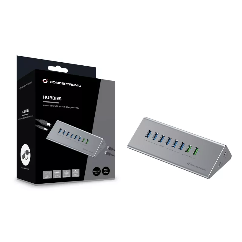 Conceptronic HUBBIES18G 10-in-1 60W USB 3.0 kombinácia hub a nabíjačka, 2-in-1 kábel USB-C-USB-A, USB 3.2 Gen 1