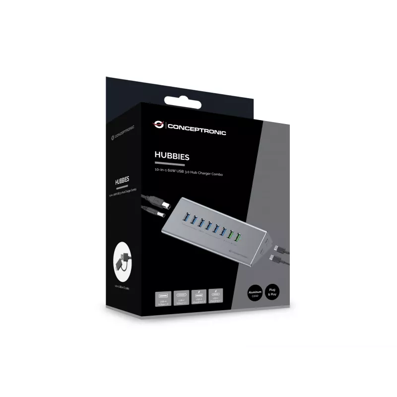 Conceptronic HUBBIES18G 10-in-1 60W USB 3.0 kombinácia hub a nabíjačka, 2-in-1 kábel USB-C-USB-A, USB 3.2 Gen 1