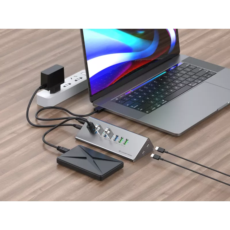 Conceptronic HUBBIES18G 10-in-1 60W USB 3.0 kombinácia hub a nabíjačka, 2-in-1 kábel USB-C-USB-A, USB 3.2 Gen 1