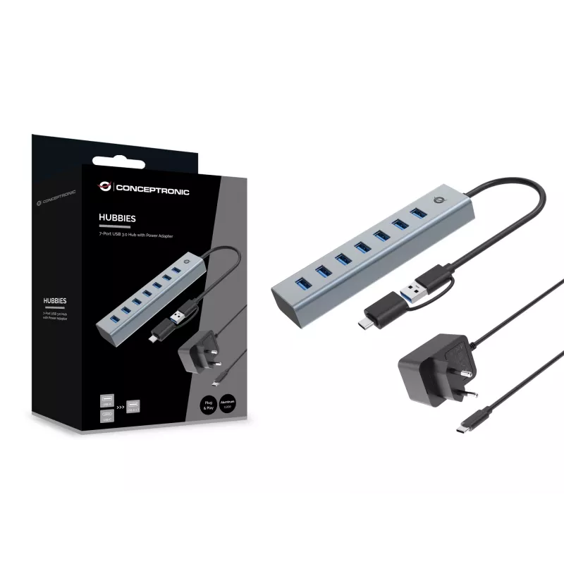Conceptronic HUBBIES21GP 7-portový USB 3.0 hub s napájacím zdrojom, 5 Gbit/s, USB-A x 7