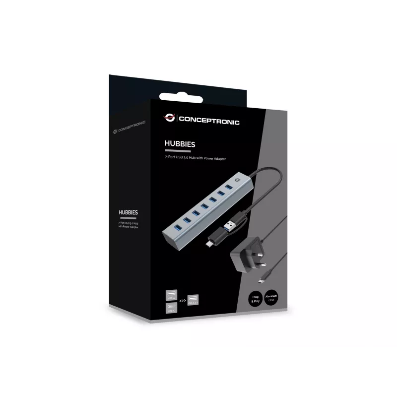 Conceptronic HUBBIES21GP 7-portový USB 3.0 hub s napájacím zdrojom, 5 Gbit/s, USB-A x 7