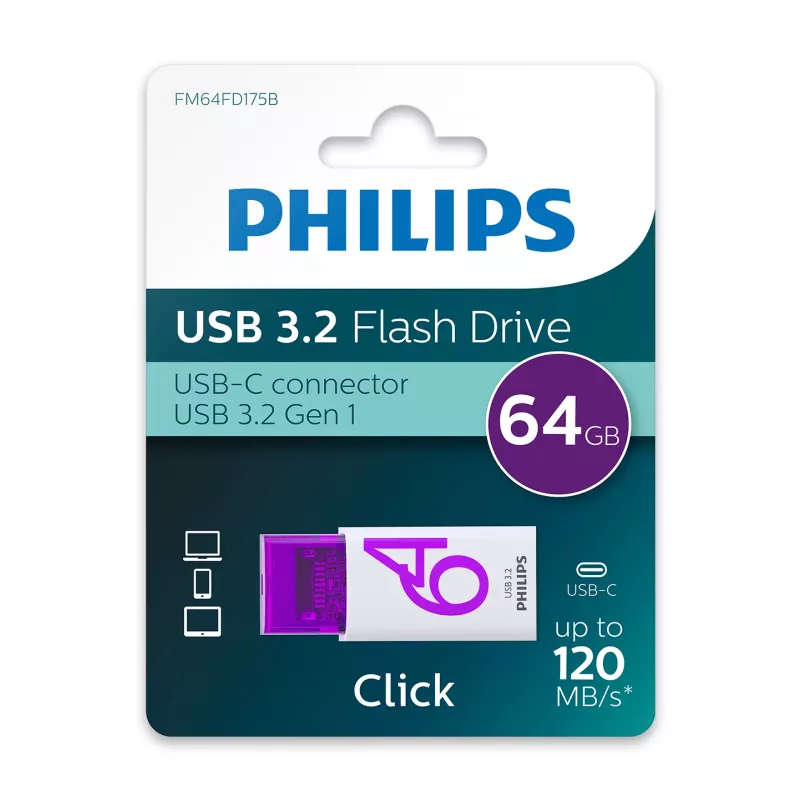 Philips Click USB flash disk 64 GB USB Type-C 3.2 Gen 1 (3.1 Gen 1) fialový, biely