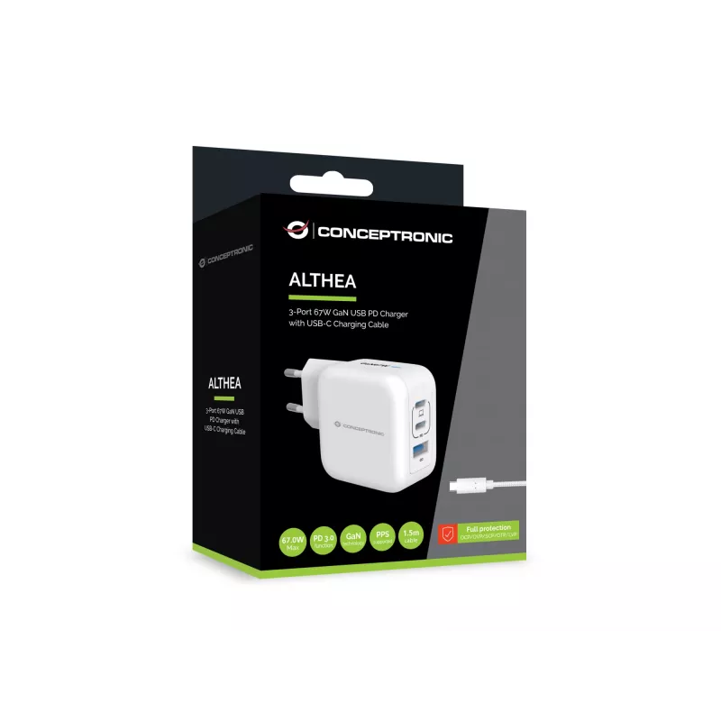 Conceptronic 3-portová 67W GaN USB PD nabíjačka s USB-C káblom, USB-C x 2, USB-A x 1, QC 3.0, PPS