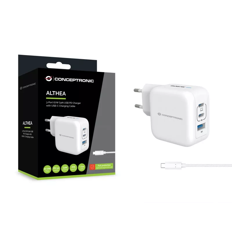 Conceptronic 3-portová 67W GaN USB PD nabíjačka s USB-C káblom, USB-C x 2, USB-A x 1, QC 3.0, PPS