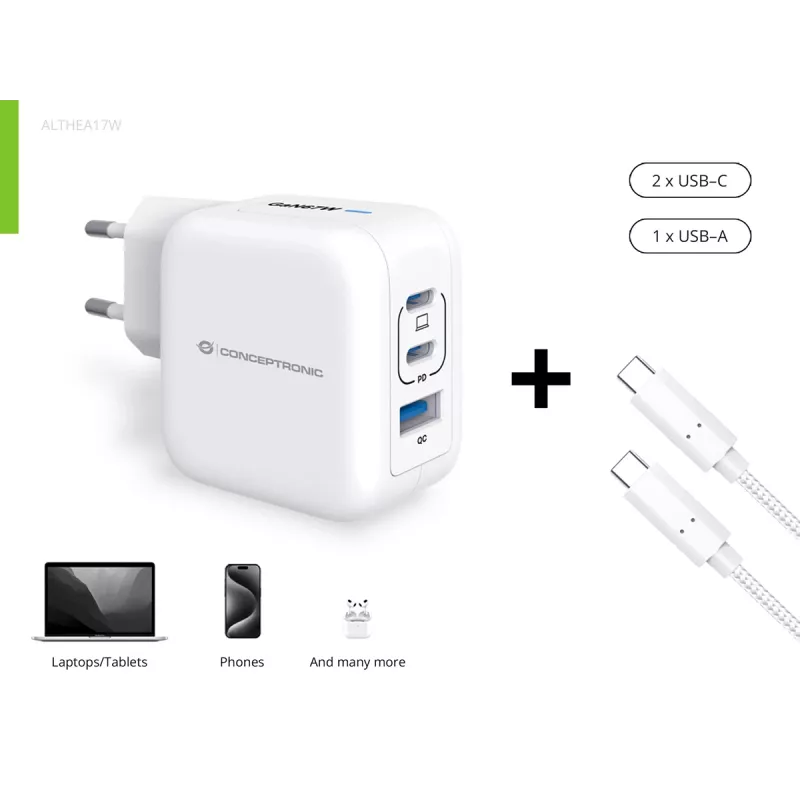 Conceptronic 3-portová 67W GaN USB PD nabíjačka s USB-C káblom, USB-C x 2, USB-A x 1, QC 3.0, PPS