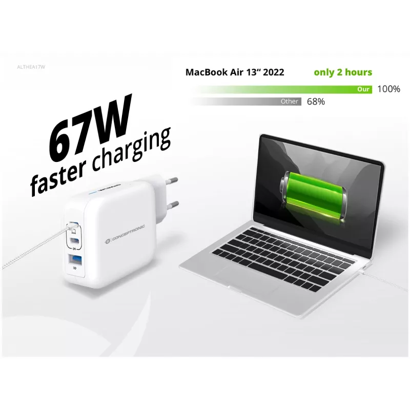 Conceptronic 3-portová 67W GaN USB PD nabíjačka s USB-C káblom, USB-C x 2, USB-A x 1, QC 3.0, PPS