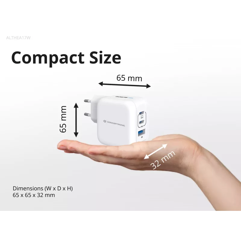 Conceptronic 3-portová 67W GaN USB PD nabíjačka s USB-C káblom, USB-C x 2, USB-A x 1, QC 3.0, PPS