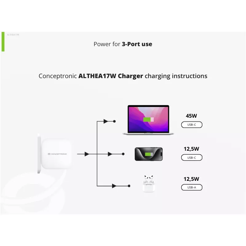 Conceptronic 3-portová 67W GaN USB PD nabíjačka s USB-C káblom, USB-C x 2, USB-A x 1, QC 3.0, PPS