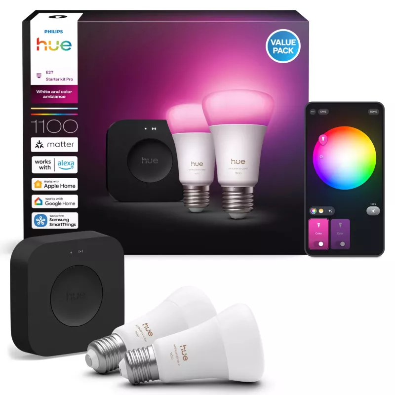 Philips Hue White and Colour Ambiance štartovacia súprava, Hue Bridge Pro + 2 x LED žiarovky E27 A60, Bluetooth/Zigbee, 1100 lm