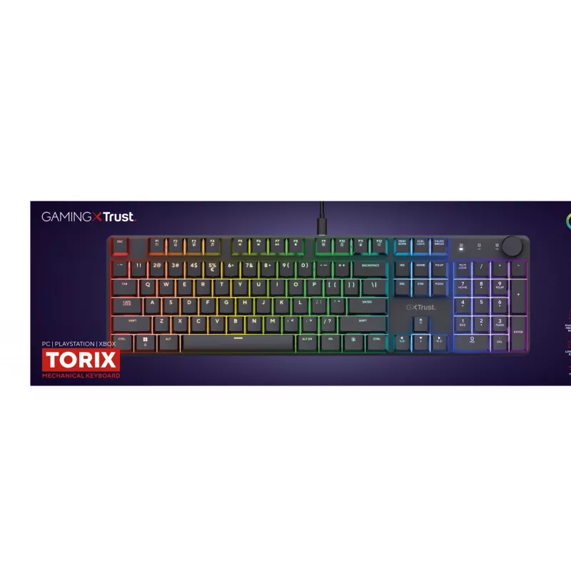 Trust GXT 866 Torix 24910 mechanická herná klávesnica, drôtová USB, podsvietená, QWERTY US International, čierna