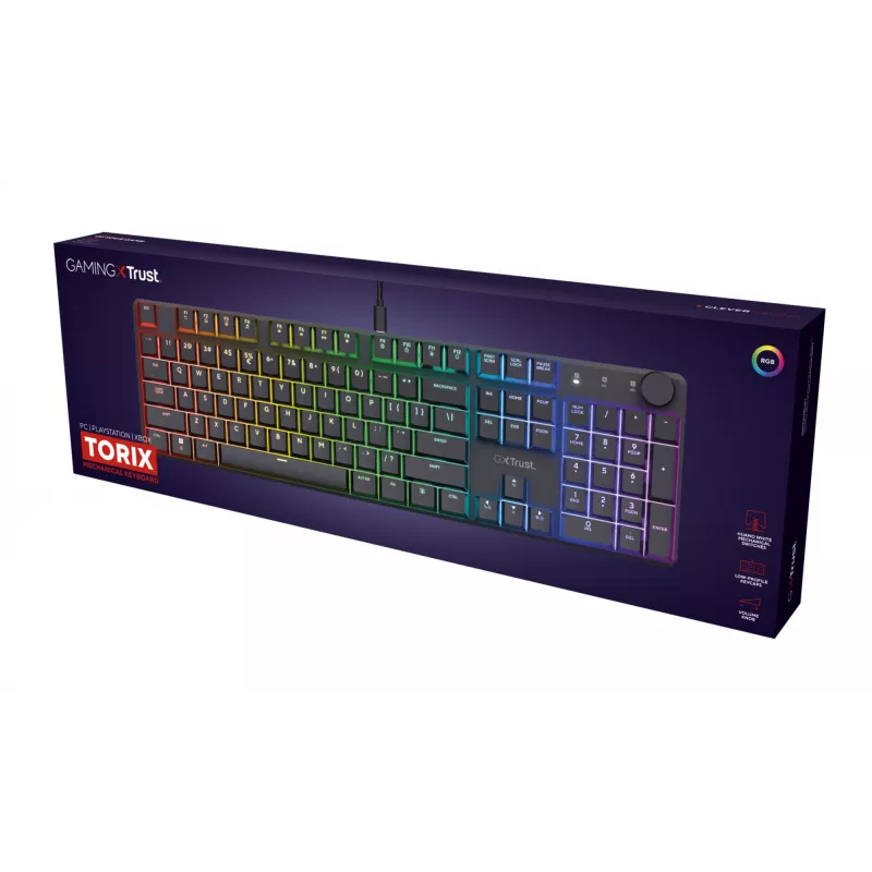 Trust GXT 866 Torix 24910 mechanická herná klávesnica, drôtová USB, podsvietená, QWERTY US International, čierna