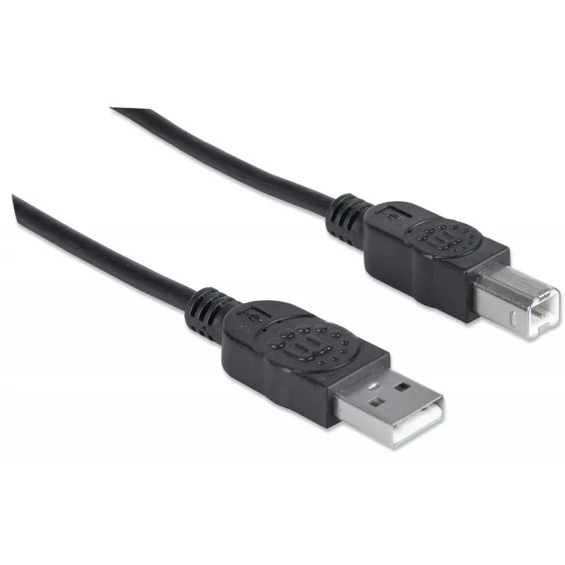 Manhattan USB-A na USB-B kábel, 3 m, konektor samec na konektor samec, 480 Mbit/s (USB 2.0), Hi-Speed USB, čierny, doživotná záruka, zodpovedá USB2HAB3M.