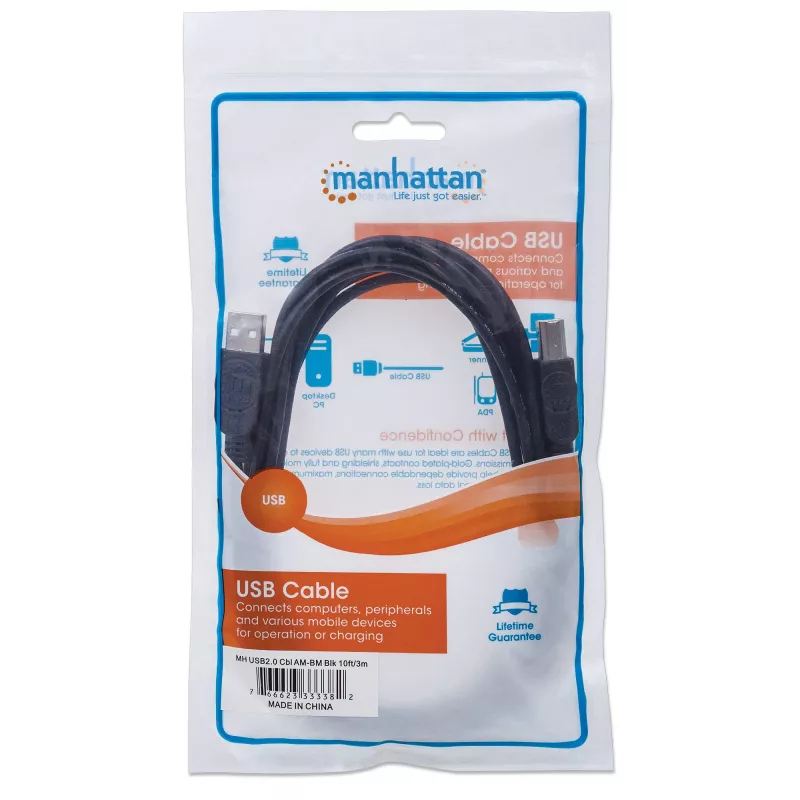 Manhattan USB-A na USB-B kábel, 3 m, konektor samec na konektor samec, 480 Mbit/s (USB 2.0), Hi-Speed USB, čierny, doživotná záruka, zodpovedá USB2HAB3M.