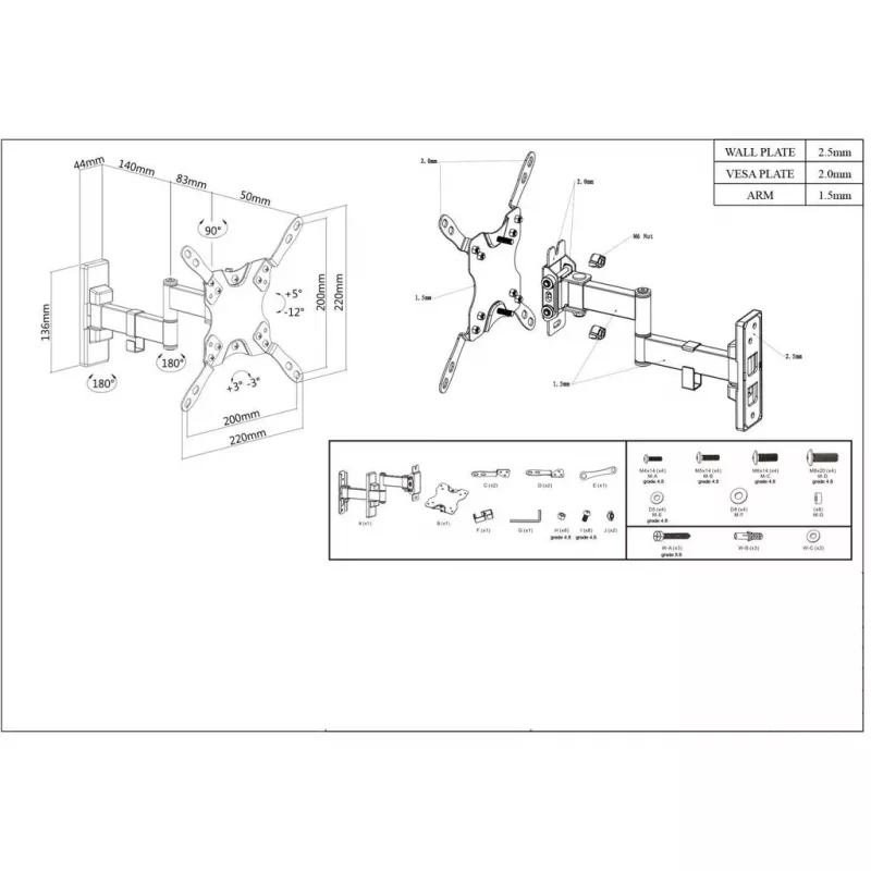 Manhattan nástenný držiak pre televízory a monitory (Full-Motion), pre obrazovky 13 inch až 42 inch, VESA kompatibilita: všetky medzi 75x75 mm a 200x200 mm – skontrolujte rozmery štyroch montážnych otvorov na zadnej strane obrazovky, aby ste zaistili vhodnosť, max. 20 kg, čierny, držiak