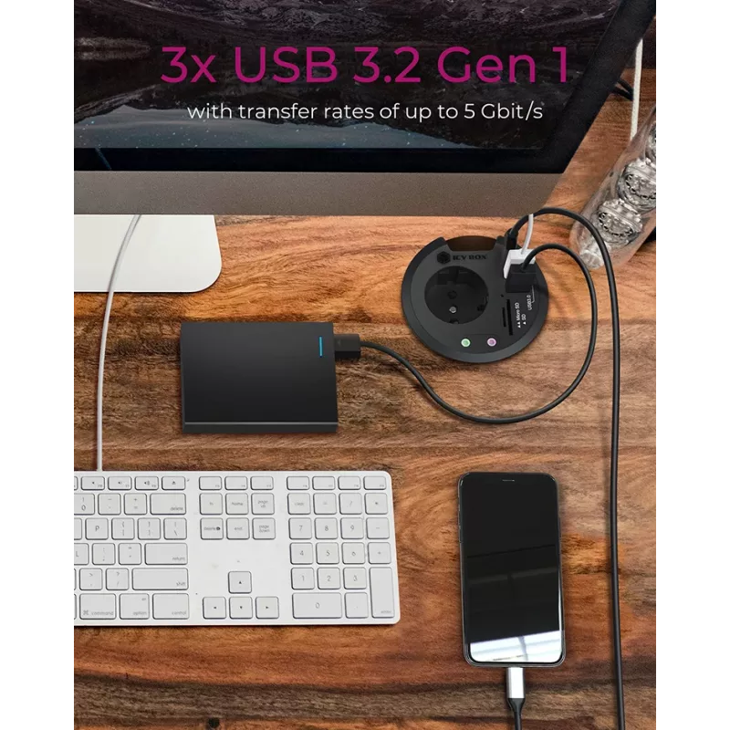 ICY BOX IB-HUB1430-CR vstavaný do stola USB 3.2 Gen 1 multiportový rozbočovač, čierny