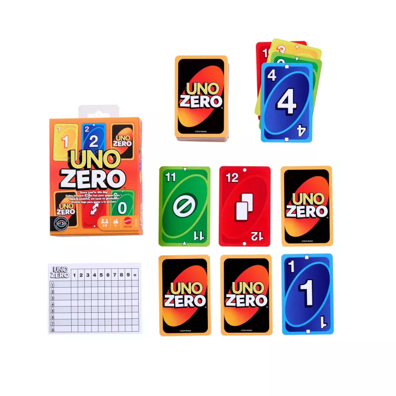 Kartová hra MATTEL UNO Zero — hra na odkladanie, vek 7+, vrátane balíčka a zápisníka