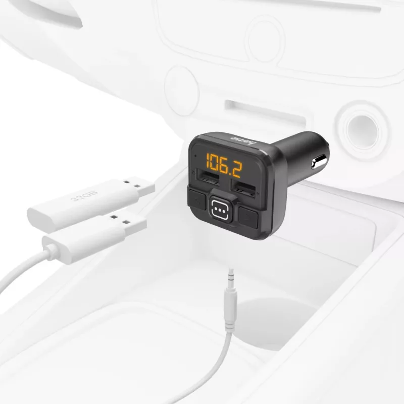 Hama 00014163 FM vysielač / napájací adaptér pre mobilný telefón, tablet, AUX-IN, USB-IN, čierny