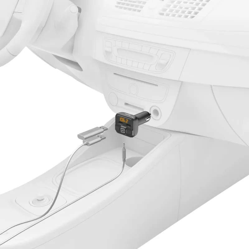 Hama 00014163 FM vysielač / napájací adaptér pre mobilný telefón, tablet, AUX-IN, USB-IN, čierny