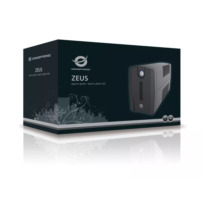 Conceptronic ZEUS01ES UPS, 650 VA (0,65 kVA), 360 W, 2x Schuko, HID USB, RJ45 vstup/výstup, 220-240 V, čierny
