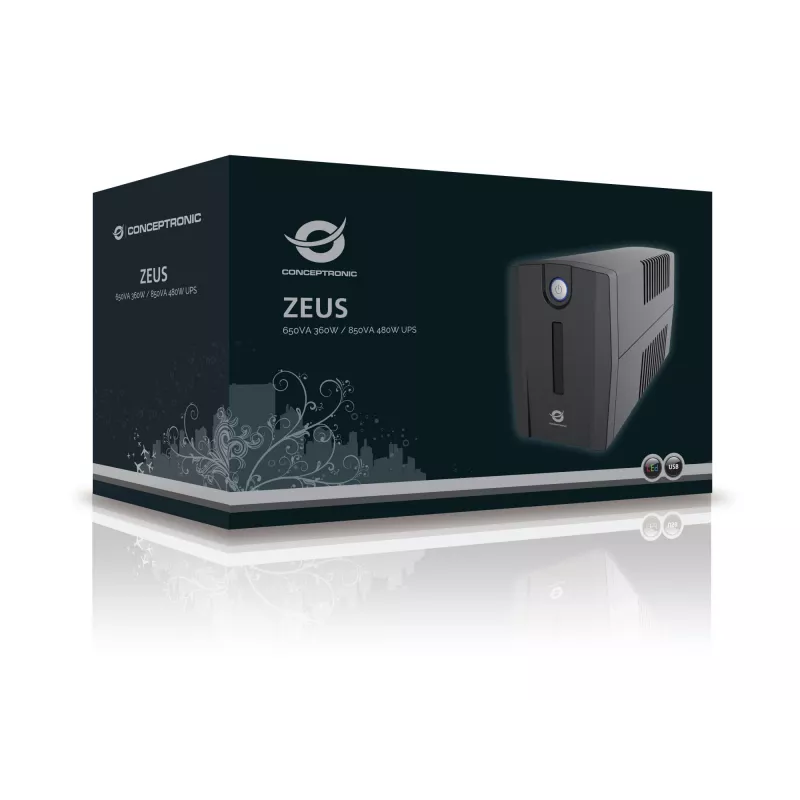 Conceptronic ZEUS02ES line-interaktívny UPS, 850 VA (0,85 kVA), 480 W, 2x Schuko, HID USB, RJ45 vstup/výstup, 220-240 V, čierny