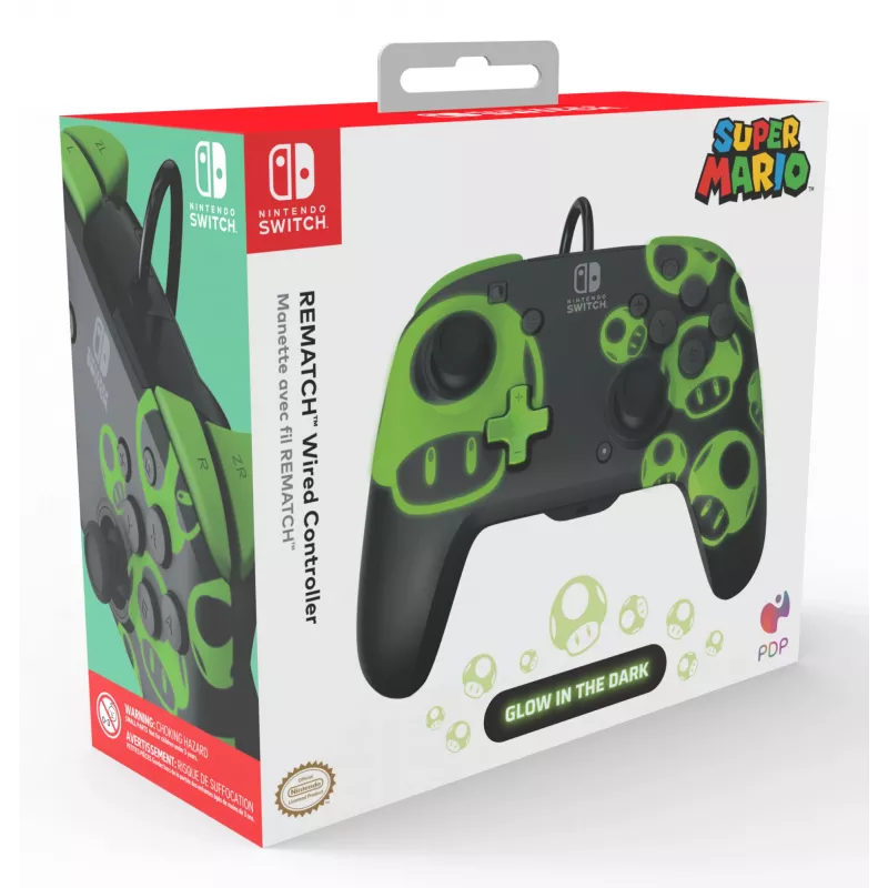 Gamepad PDP REMATCH Wired Controller 1-Up Glow in the Dark pre Nintendo Switch, USB, 3m kábel, D-pad, tlačidlo Home, čierna/zelená
