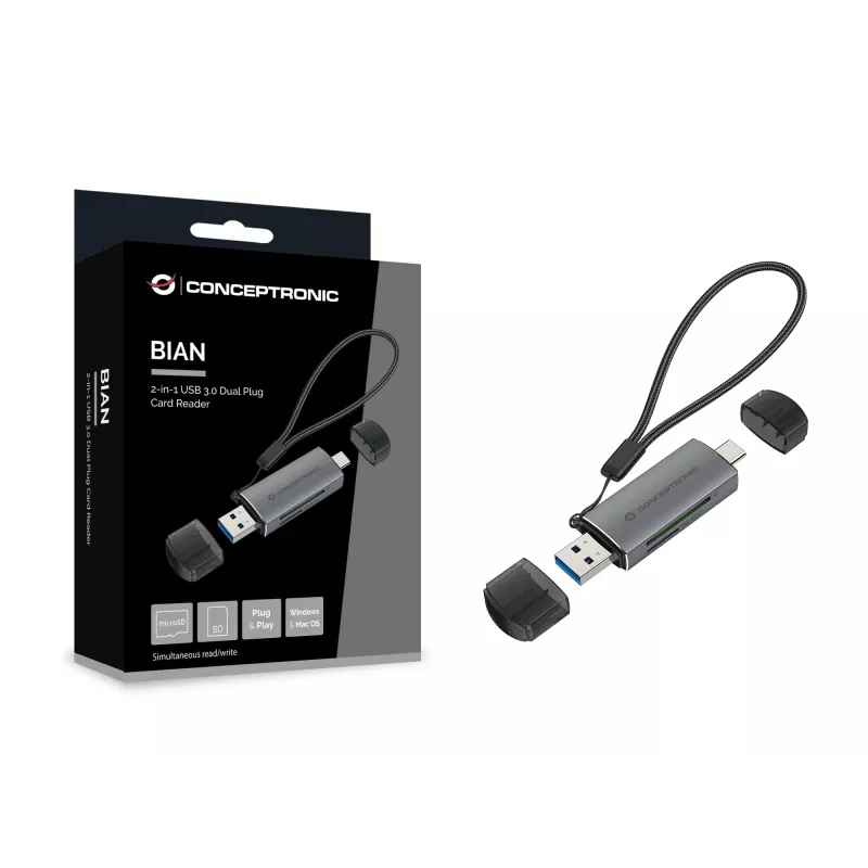 Conceptronic BIAN05G 2-in-1 USB 3.0 Dual Plug čítačka kariet, SD/MicroSD 3.0, UHS-I
