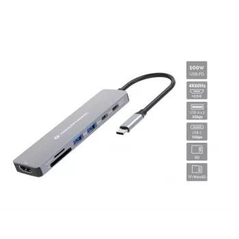 Conceptronic DONN28G 7-in-1 USB 3.2 Gen 1 dokovacia stanica, 4K60Hz HDMI, USB-A 5Gbps x 2, USB-C 5Gbps, SD, TF/MicroSD, 100W USB PD