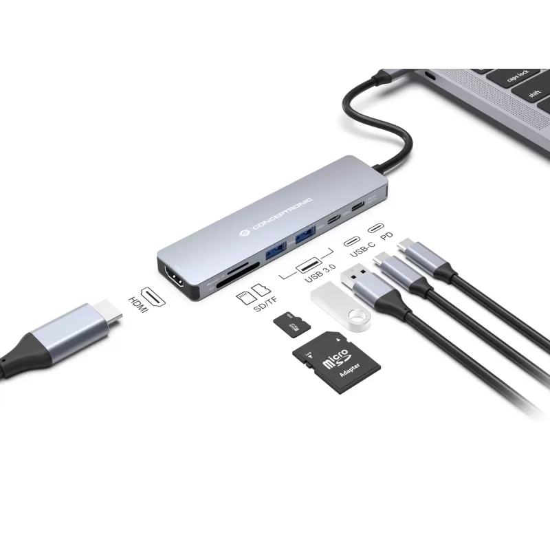 Conceptronic DONN28G 7-in-1 USB 3.2 Gen 1 dokovacia stanica, 4K60Hz HDMI, USB-A 5Gbps x 2, USB-C 5Gbps, SD, TF/MicroSD, 100W USB PD