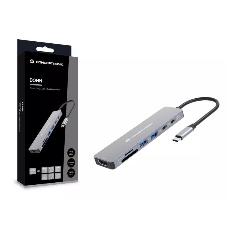 Conceptronic DONN28G 7-in-1 USB 3.2 Gen 1 dokovacia stanica, 4K60Hz HDMI, USB-A 5Gbps x 2, USB-C 5Gbps, SD, TF/MicroSD, 100W USB PD