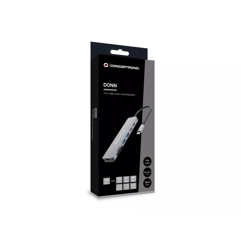 Conceptronic DONN28G 7-in-1 USB 3.2 Gen 1 dokovacia stanica, 4K60Hz HDMI, USB-A 5Gbps x 2, USB-C 5Gbps, SD, TF/MicroSD, 100W USB PD