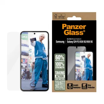 Tvrdené ochranné sklo displeja PanzerGlass pre Samsung Galaxy S24 FE / A36 / A56 — celoplošná ochrana, odolná proti poškriabaniu a nárazom