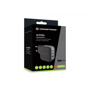 Conceptronic 3-portová 67W GaN USB PD nabíjačka s USB-C káblom, USB-C x 2, USB-A x 1, QC 3.0, PPS