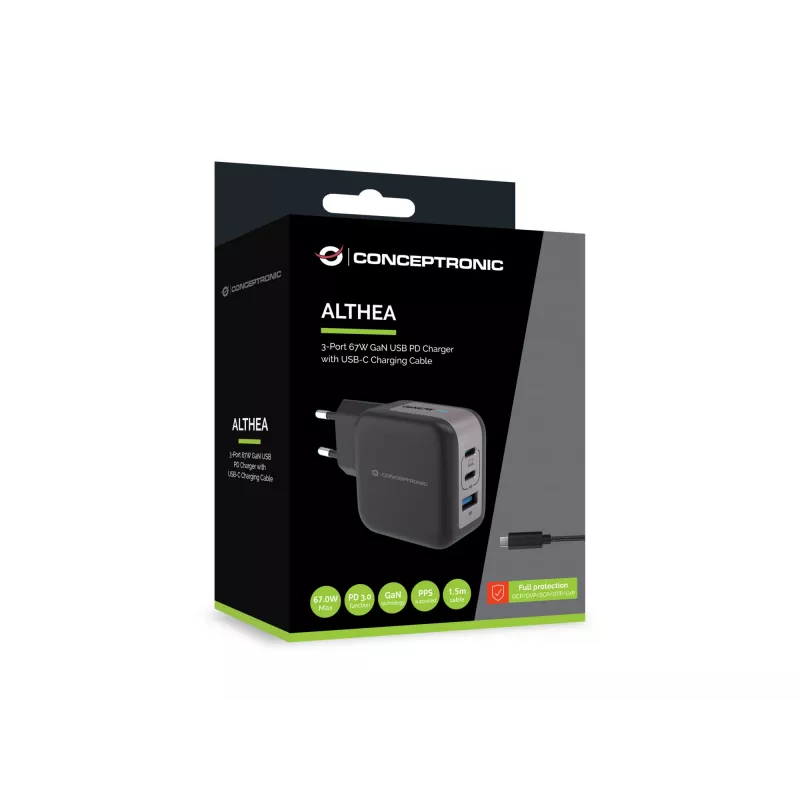 Conceptronic 3-portová 67W GaN USB PD nabíjačka s USB-C káblom, USB-C x 2, USB-A x 1, QC 3.0, PPS