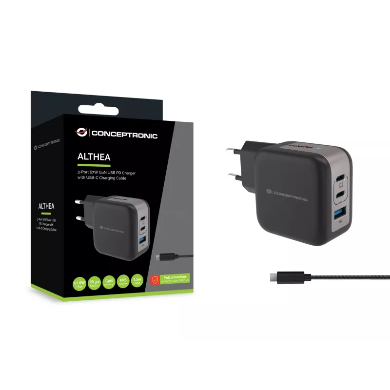Conceptronic 3-portová 67W GaN USB PD nabíjačka s USB-C káblom, USB-C x 2, USB-A x 1, QC 3.0, PPS