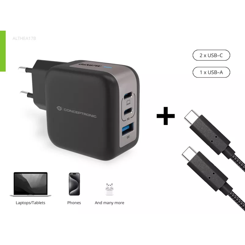 Conceptronic 3-portová 67W GaN USB PD nabíjačka s USB-C káblom, USB-C x 2, USB-A x 1, QC 3.0, PPS