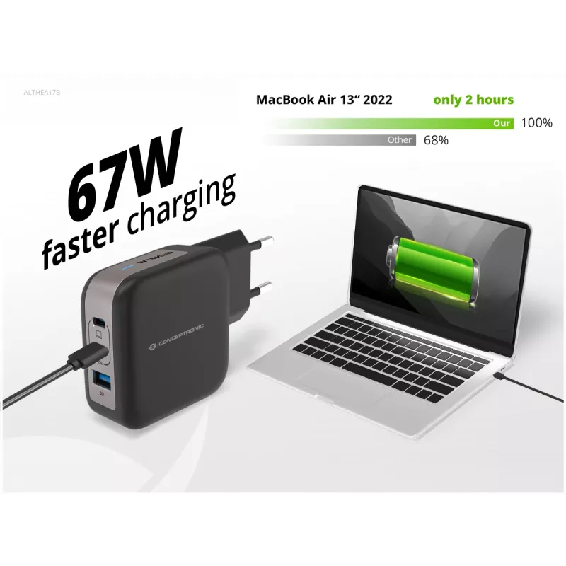 Conceptronic 3-portová 67W GaN USB PD nabíjačka s USB-C káblom, USB-C x 2, USB-A x 1, QC 3.0, PPS