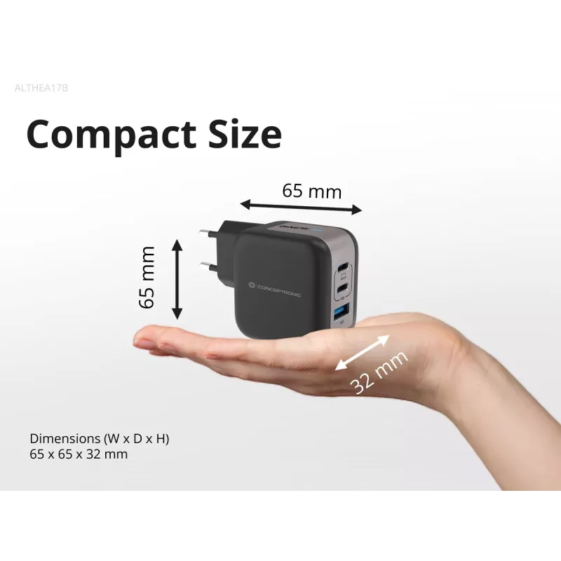 Conceptronic 3-portová 67W GaN USB PD nabíjačka s USB-C káblom, USB-C x 2, USB-A x 1, QC 3.0, PPS
