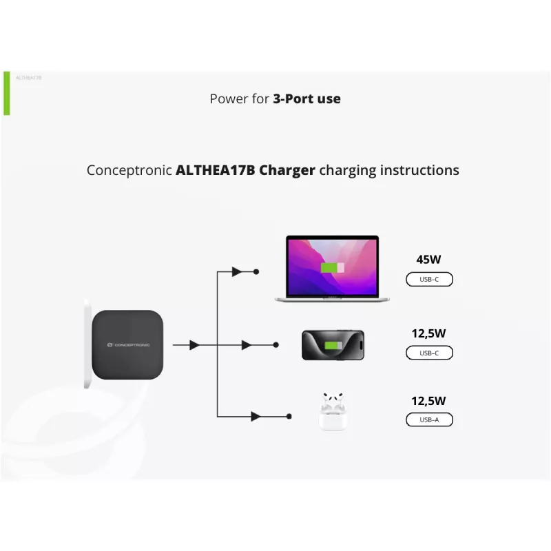 Conceptronic 3-portová 67W GaN USB PD nabíjačka s USB-C káblom, USB-C x 2, USB-A x 1, QC 3.0, PPS