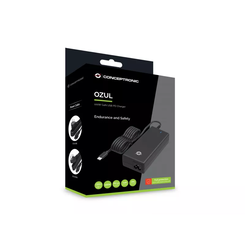 Conceptronic OZUL03BE 100W GaN desktopová USB-PD nabíjačka, univerzálna, interiér, 100–240 V, 50–60 Hz, 100 W, 5–20 V